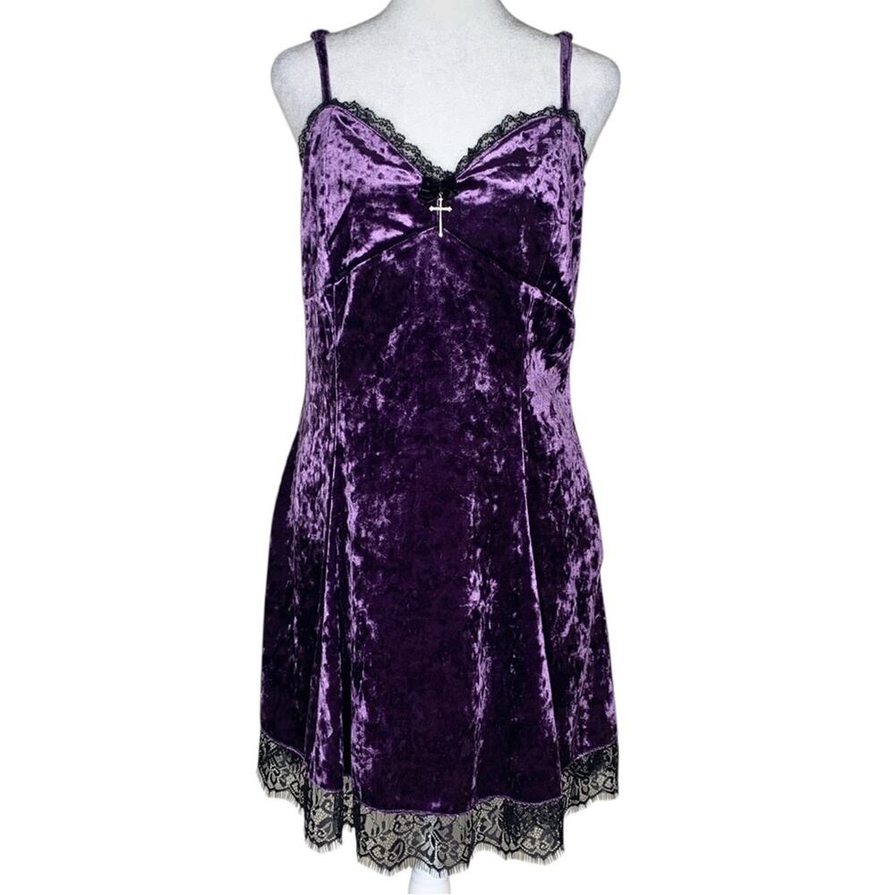 Cosmic Aura Crushed Velvet Slip Dress S Purple Lace Trim Cross Charm Cami Goth